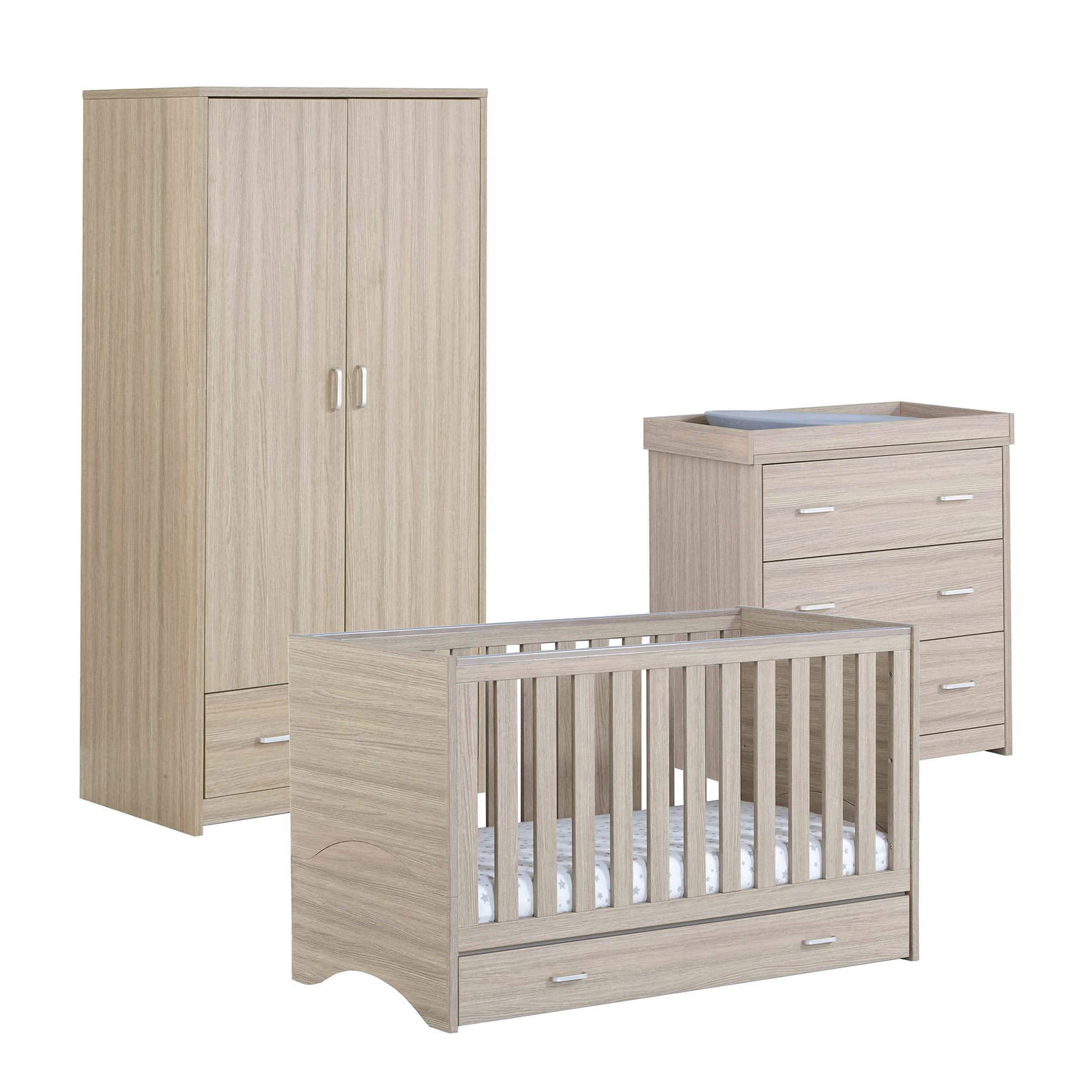 Babymore Veni 3 Piece Nursery Furiture Set with Drawer - Oak
