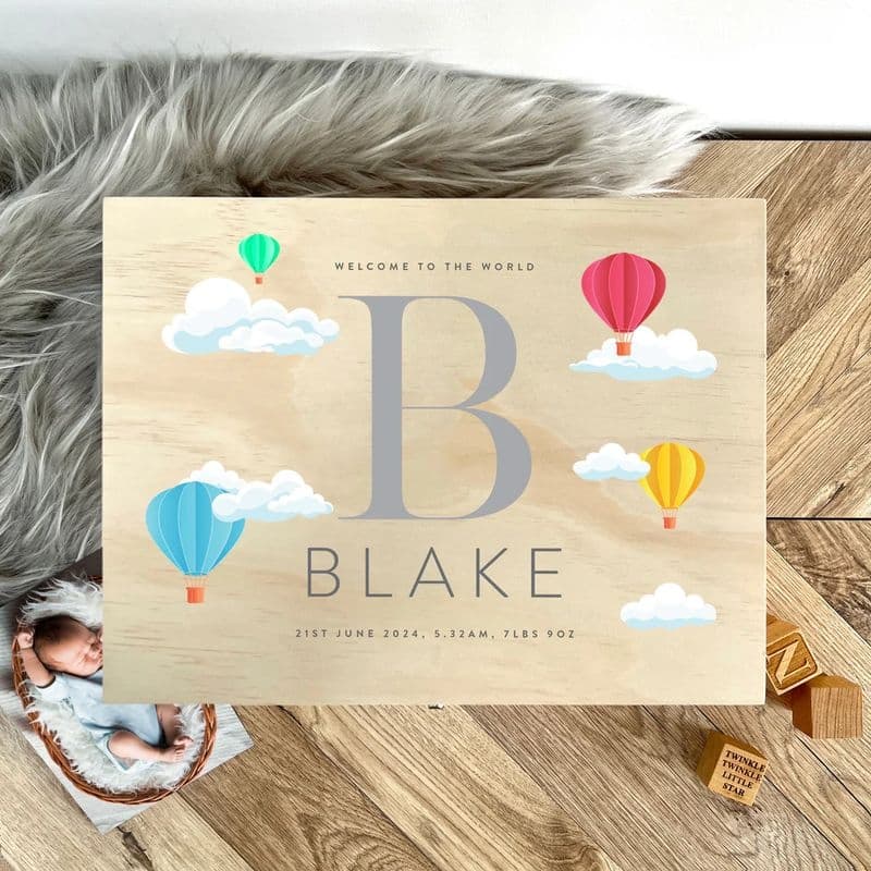 Personalised Hot Air Balloon New Baby Keepsake Box - 16cm